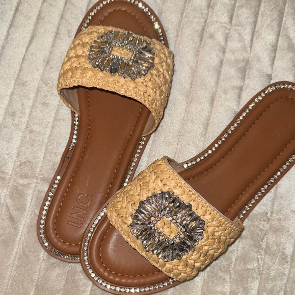 INC International Concepts Tan Woven Slide Sandals with Rhinestones - Picture 15 of 16